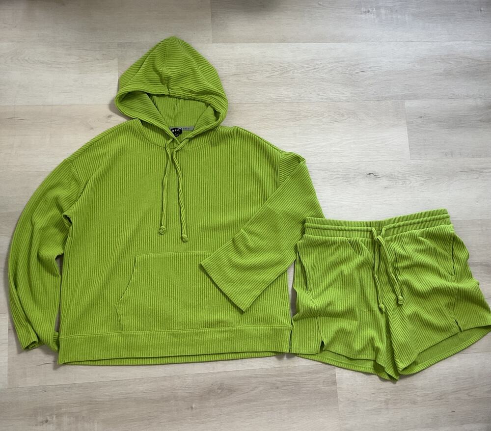 Zelos Ribbed Wide Cuff Hoodie and Shorts Set Greenway Large